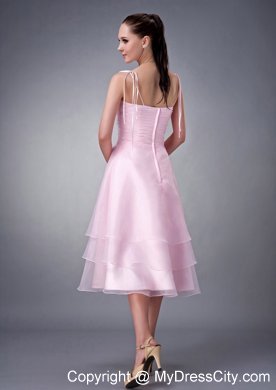 Baby Pink Tea-length Princess V-neck Ruched Bridesmaid Dress