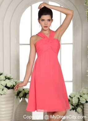 V-neck Watermelon Ruched Decorated Bust 2013 Bridesmaid Dress