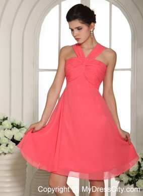 V-neck Watermelon Ruched Decorated Bust 2013 Bridesmaid Dress