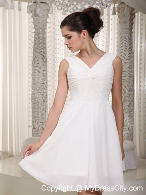 Simple White Empire V-neck Mini-length Chiffon Bridesmaid Gown