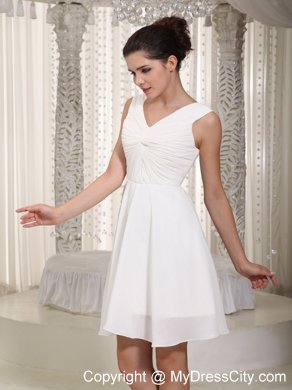 Simple White Empire V-neck Mini-length Chiffon Bridesmaid Gown