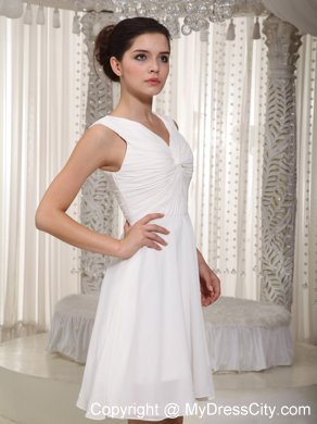 Simple White Empire V-neck Mini-length Chiffon Bridesmaid Gown