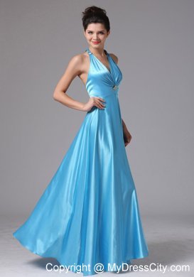 Stylish Baby Blue Halter Long Bridesmaid Dress with Backless