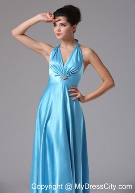 Stylish Baby Blue Halter Long Bridesmaid Dress with Backless