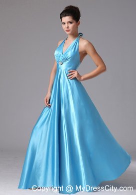 Stylish Baby Blue Halter Long Bridesmaid Dress with Backless