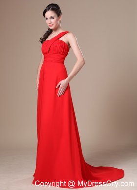 One Shoulder Ruched Chiffon Bridesmaid Dress with Brush Train