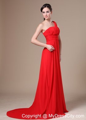 One Shoulder Ruched Chiffon Bridesmaid Dress with Brush Train