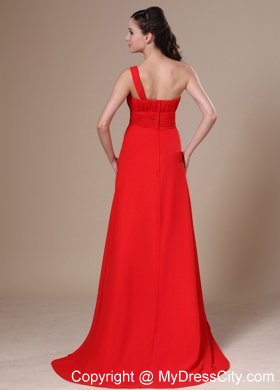 One Shoulder Ruched Chiffon Bridesmaid Dress with Brush Train