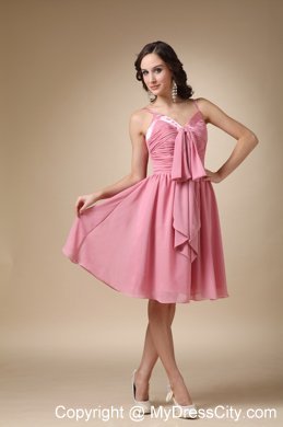 Cute Rose Pink A-line Spaghetti Straps Ruched Bridesmaid Dress