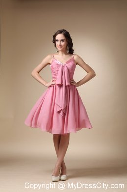 Cute Rose Pink A-line Spaghetti Straps Ruched Bridesmaid Dress