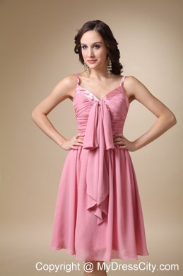 Cute Rose Pink A-line Spaghetti Straps Ruched Bridesmaid Dress