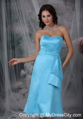 Column Strapless Tea-length Ruched Aqua Blue Bridesmaid Dress