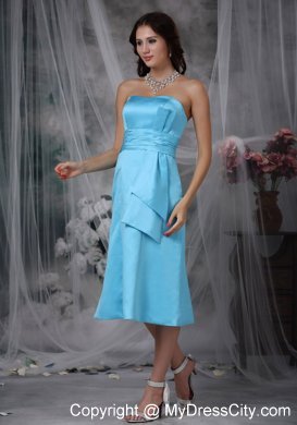 Column Strapless Tea-length Ruched Aqua Blue Bridesmaid Dress