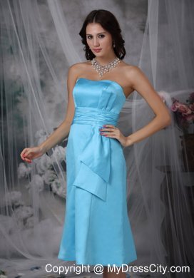 Column Strapless Tea-length Ruched Aqua Blue Bridesmaid Dress