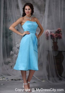 Column Strapless Tea-length Ruched Aqua Blue Bridesmaid Dress