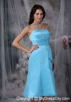 Column Strapless Tea-length Ruched Aqua Blue Bridesmaid Dress