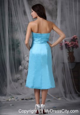 Column Strapless Tea-length Ruched Aqua Blue Bridesmaid Dress