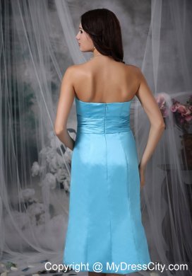 Column Strapless Tea-length Ruched Aqua Blue Bridesmaid Dress