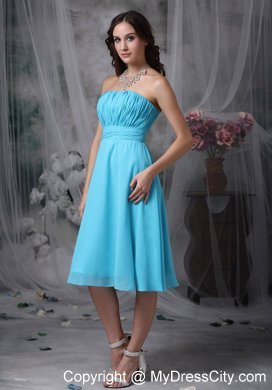 Aqua Blue Empire Strapless Knee-length Ruched Bridesmaid Gown