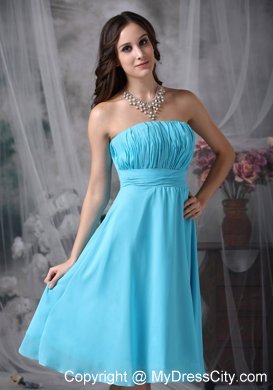 Aqua Blue Empire Strapless Knee-length Ruched Bridesmaid Gown