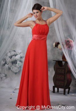 Beaded Decorate Straps Ruched Bodice Red Long Bridesmaid Dress