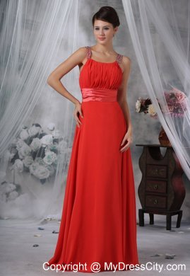 Beaded Decorate Straps Ruched Bodice Red Long Bridesmaid Dress