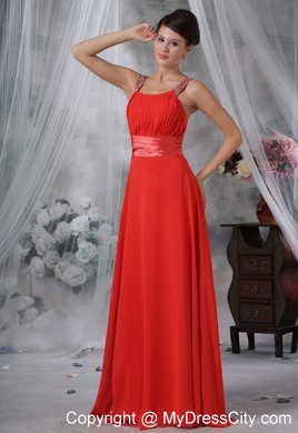 Beaded Decorate Straps Ruched Bodice Red Long Bridesmaid Dress