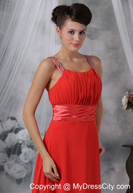 Beaded Decorate Straps Ruched Bodice Red Long Bridesmaid Dress