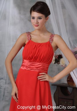 Beaded Decorate Straps Ruched Bodice Red Long Bridesmaid Dress