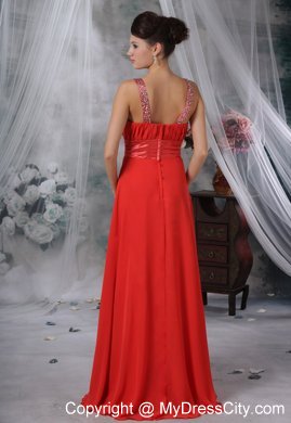 Beaded Decorate Straps Ruched Bodice Red Long Bridesmaid Dress