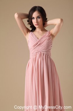 Elegant Peach Pink V-neck Chiffon Ruched Maid of Honor Dress