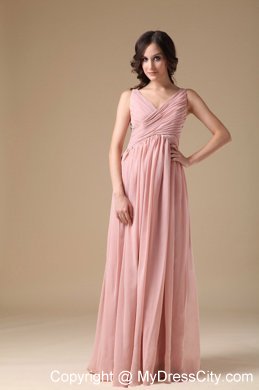 Elegant Peach Pink V-neck Chiffon Ruched Maid of Honor Dress