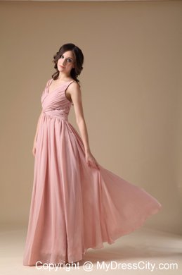 Elegant Peach Pink V-neck Chiffon Ruched Maid of Honor Dress