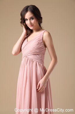 Elegant Peach Pink V-neck Chiffon Ruched Maid of Honor Dress