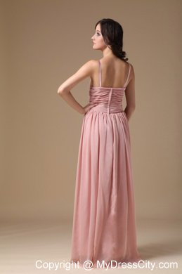 Elegant Peach Pink V-neck Chiffon Ruched Maid of Honor Dress