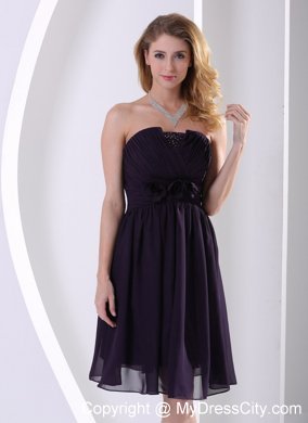 Dark Purple A-line Knee-length Hand Made Flower Bridesmaid Dress