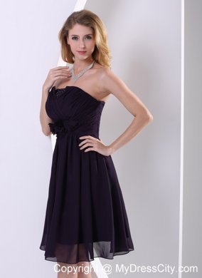 Dark Purple A-line Knee-length Hand Made Flower Bridesmaid Dress