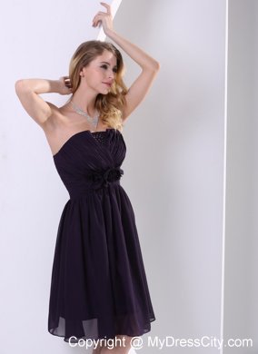 Dark Purple A-line Knee-length Hand Made Flower Bridesmaid Dress