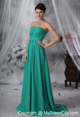 Ruched Bodice Brush Train Turquoise Strapless Bridesmaid Dress