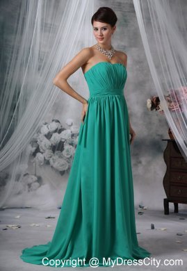 Ruched Bodice Brush Train Turquoise Strapless Bridesmaid Dress