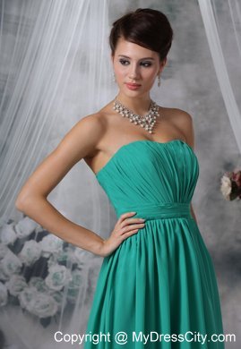 Ruched Bodice Brush Train Turquoise Strapless Bridesmaid Dress