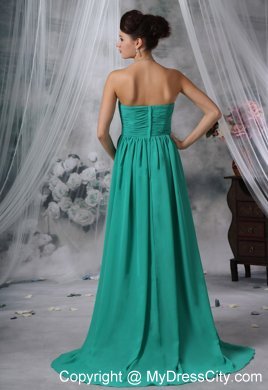 Ruched Bodice Brush Train Turquoise Strapless Bridesmaid Dress