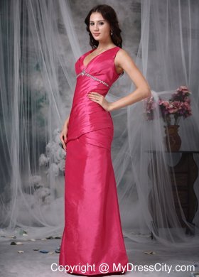 Coral Red Column V-neck Ankle-length Beaded Bridesmaid Dress