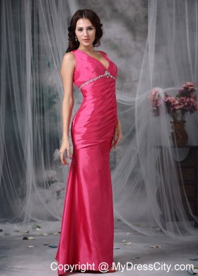 Coral Red Column V-neck Ankle-length Beaded Bridesmaid Dress