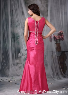 Coral Red Column V-neck Ankle-length Beaded Bridesmaid Dress