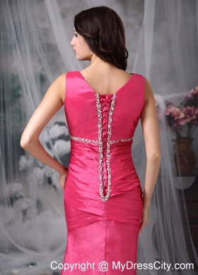 Coral Red Column V-neck Ankle-length Beaded Bridesmaid Dress