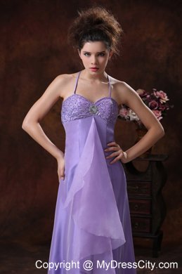 Halter Beading Chiffon Empire Long Lilac Maid of Honor Dress