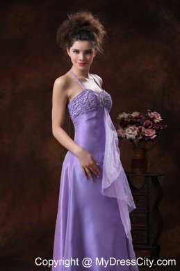 Halter Beading Chiffon Empire Long Lilac Maid of Honor Dress