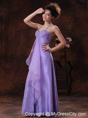 Halter Beading Chiffon Empire Long Lilac Maid of Honor Dress