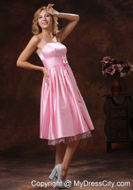 Baby Pink Spaghetti Straps Tea-length Bridesmaid Dress with Sash